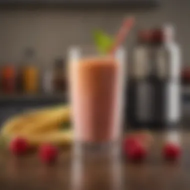 A smoothie maker with a vibrant smoothie in a glass