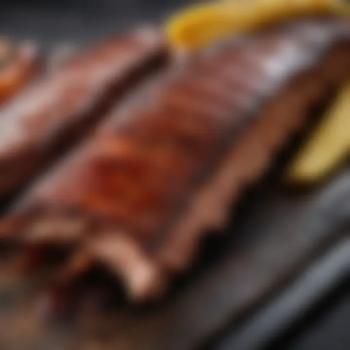 Close-up of perfectly smoked ribs glistening with a rich barbecue sauce, highlighting the intricate details and textures.