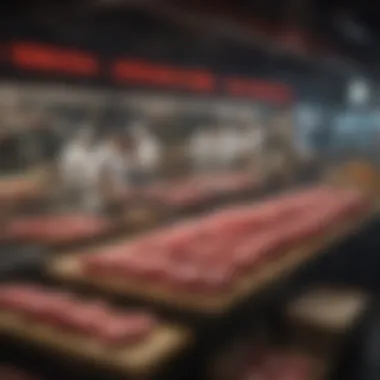 Gourmet Wagyu Marketplace A vibrant marketplace bustling with gourmet food vendors specializing in wagyu beef