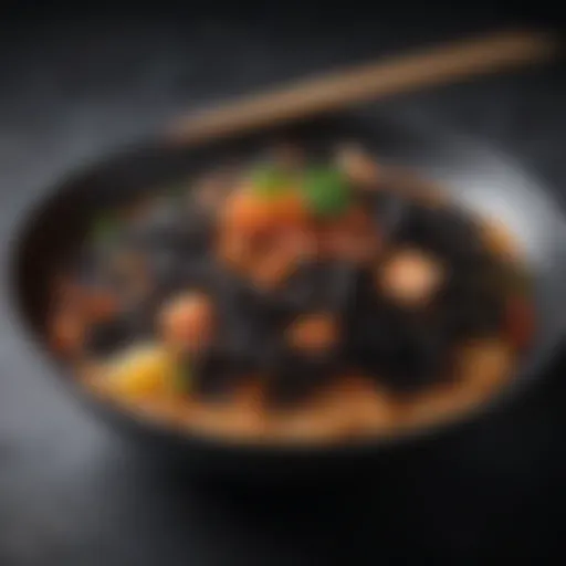 A close-up view of squid ink noodles showcasing their rich color and texture.