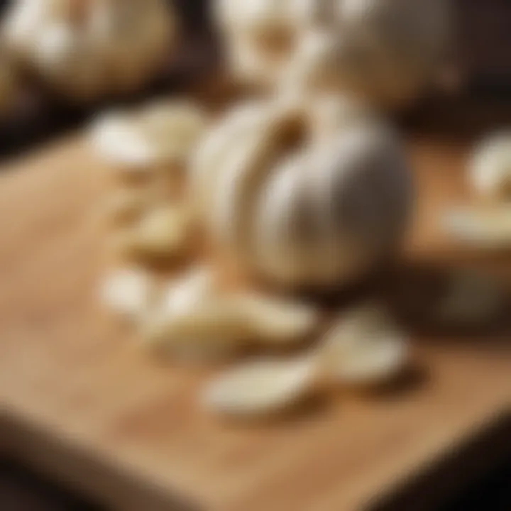 Peeled garlic cloves arranged neatly on a cutting board