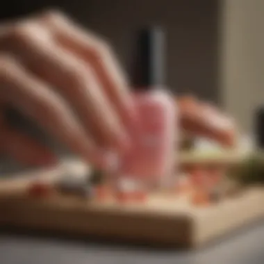 Close-up of a nail care routine showcasing products