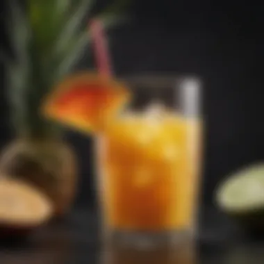 A close-up of a tropical fruity drink in a glass