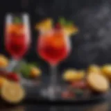 A vibrant cocktail garnished with fresh fruits