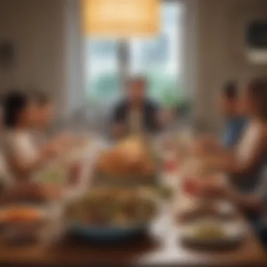Cherished Moments of Connection Over Dinner A serene atmosphere with friends enjoying a meal together, creating lasting connections.
