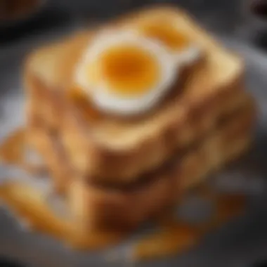 A close-up of French toast drizzled with maple syrup and sprinkled with powdered sugar