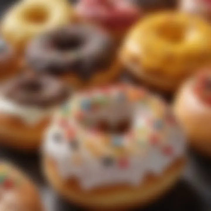 A close-up of a gourmet donut with colorful toppings and fillings