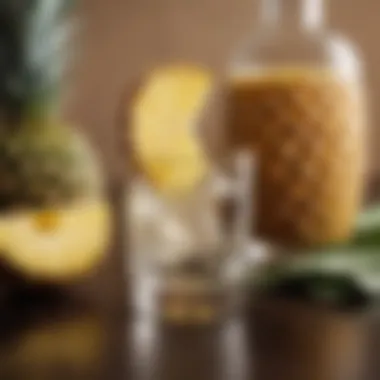 A close-up of a tequila shot with fresh pineapple slices elegantly placed beside it