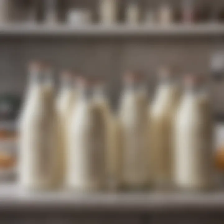 A variety of milk types displayed in glass bottles on a kitchen counter