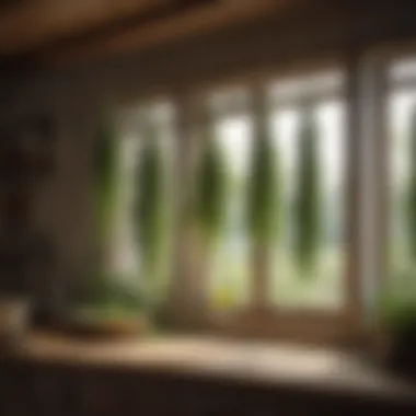 An array of herbs hang drying in a rustic kitchen