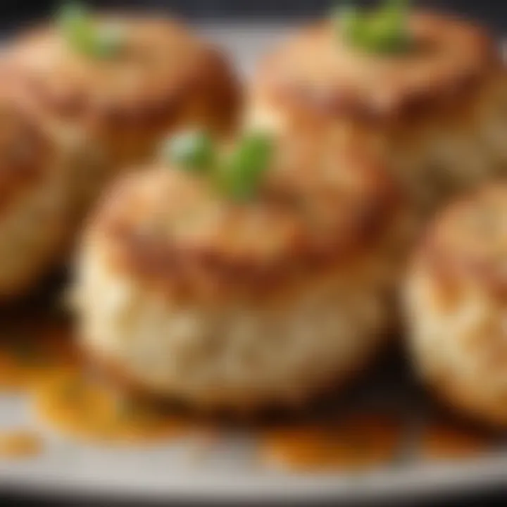 A close-up of the texture of perfectly cooked crab cakes