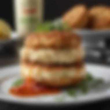 Exquisite Presentation of Colossal Crab Cakes An exquisite presentation of colossal crab cakes with garnishes