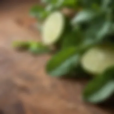 Fresh Ingredients for Mojito Close-up of fresh mint leaves and lime slices on a wooden surface