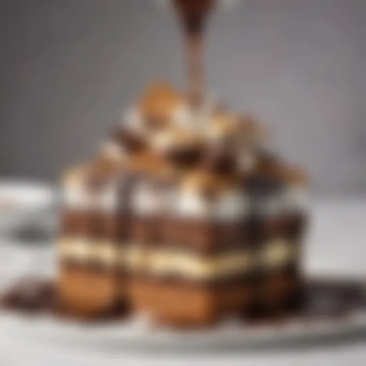 Close-up of the chocolate ganache drizzling over the s'mores cake