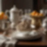 A collection of antique dishware displayed elegantly on a vintage table