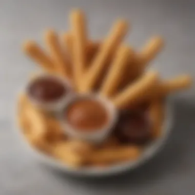 Churros served with a variety of dipping sauces including chocolate and caramel