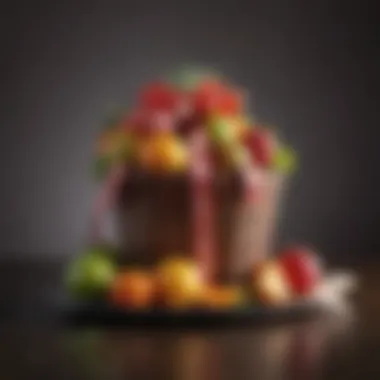 Elegant Presentation of a Fruit Gift An elegant gift presentation featuring a fruit basket wrapped in ribbon