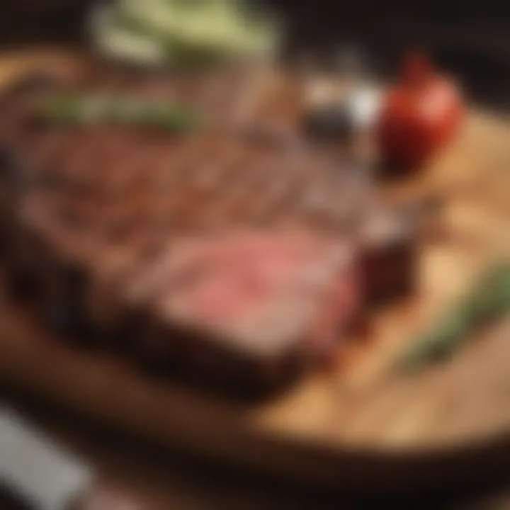 A beautifully marinated steak resting on a wooden cutting board.