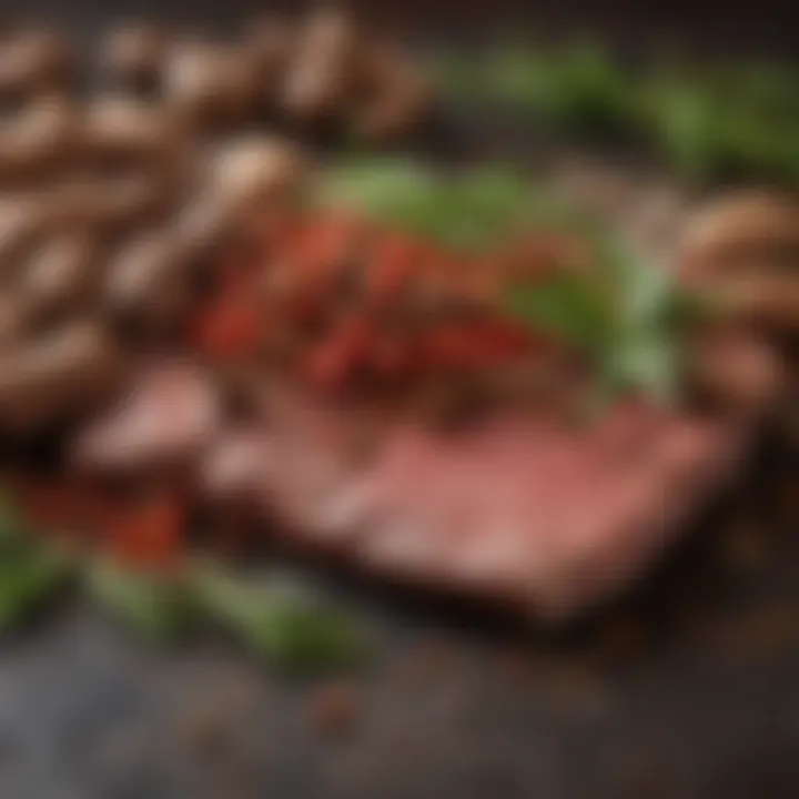 A close-up of spices and herbs arranged for marinade preparation.