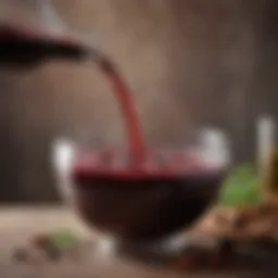 A rich red wine being poured into a bowl with spices and herbs.