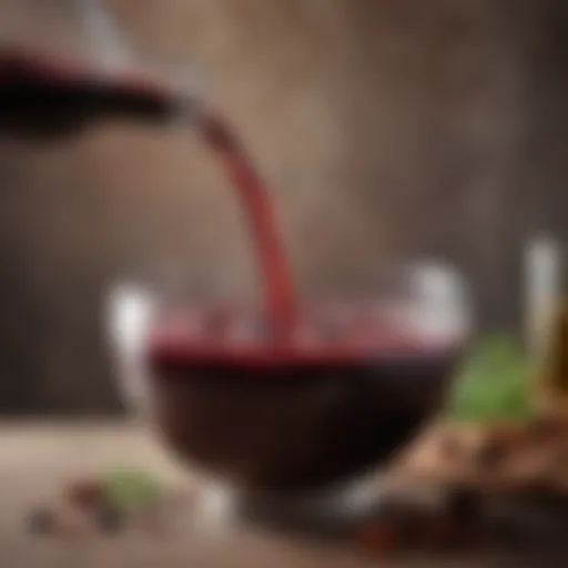 A rich red wine being poured into a bowl with spices and herbs.