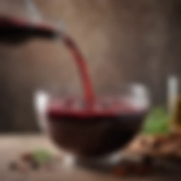 A rich red wine being poured into a bowl with spices and herbs.