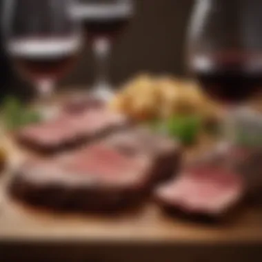 An array of wines showcased next to different cuts of steak.