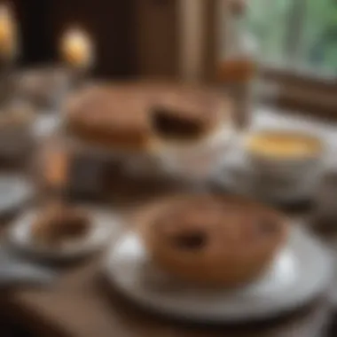 An elegant table setting featuring shoofly pie and complementary beverages