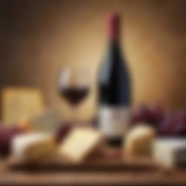 A close-up view of a refined wine bottle alongside artisanal cheese varieties