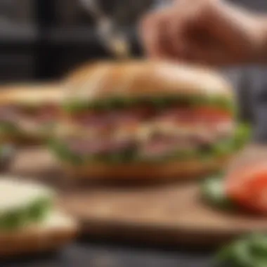 Artisan Sandwich Assembly An artisan sandwich being assembled with fresh ingredients emphasizing quality.