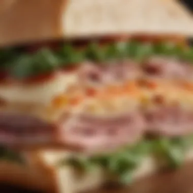 Gourmet Sandwich Close-Up A close-up of a gourmet sandwich highlighting intricate layers and textures.