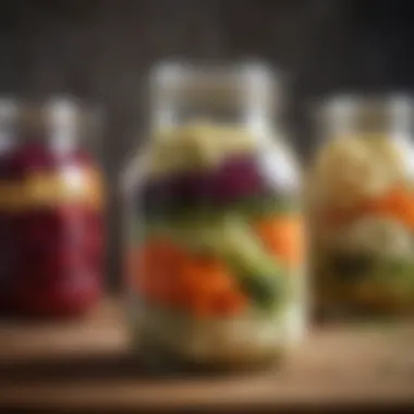 Close-up of a jar filled with homemade fermented vegetables, highlighting their textures