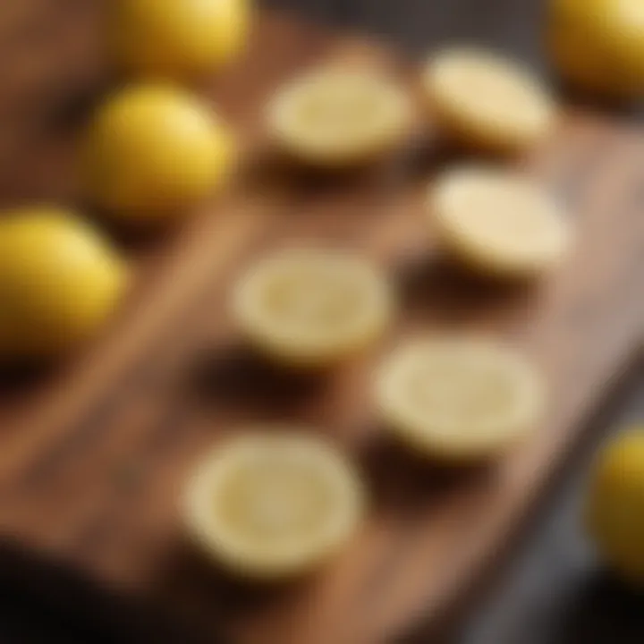 Sliced lemons arranged artistically on a wooden board