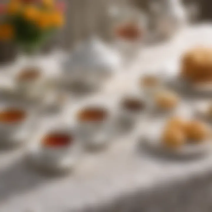 A traditional British tea set on a lace tablecloth