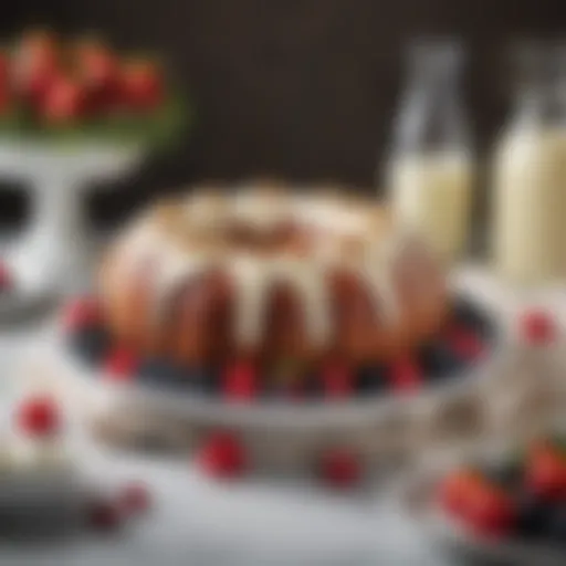 A beautifully glazed bundt cake topped with cream cheese frosting and fresh berries