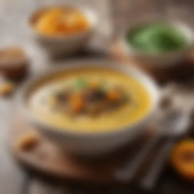 Artfully Garnished Soup with Seeds Garnished butternut squash soup with seeds and herbs