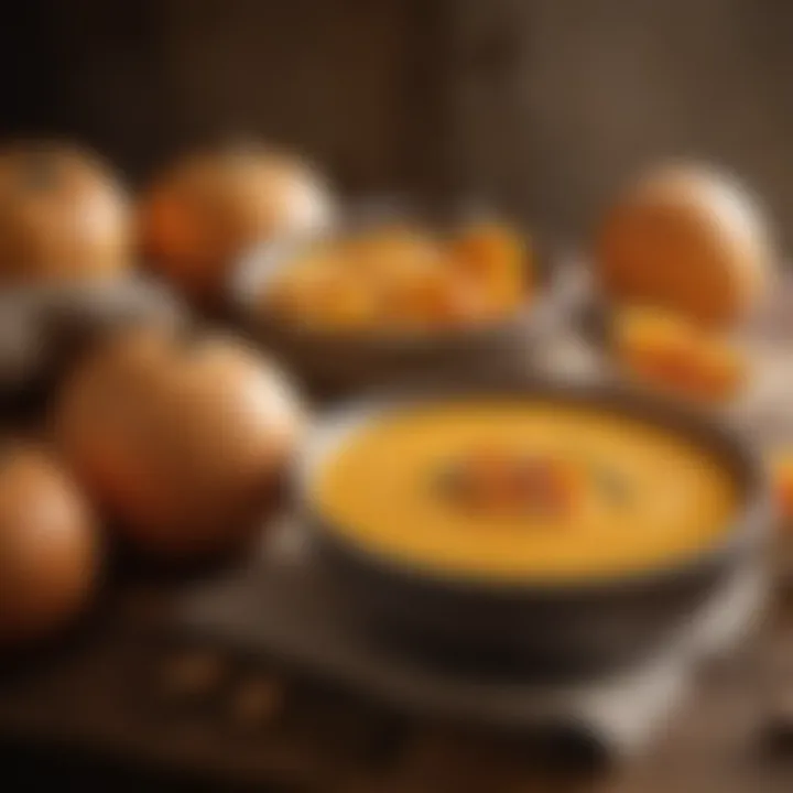 Harvest of butternut squash on a rustic table