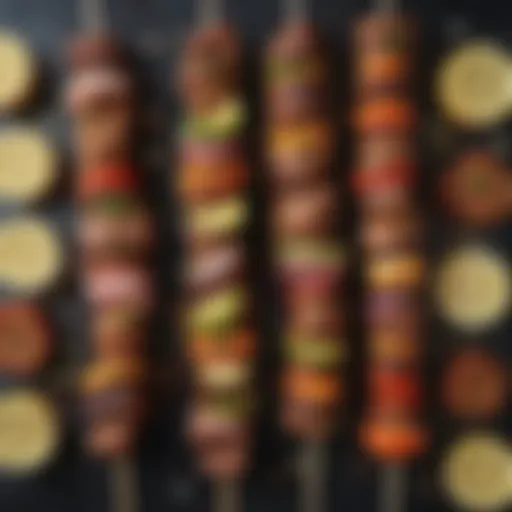 A variety of kabab skewers showcasing vibrant colors and textures