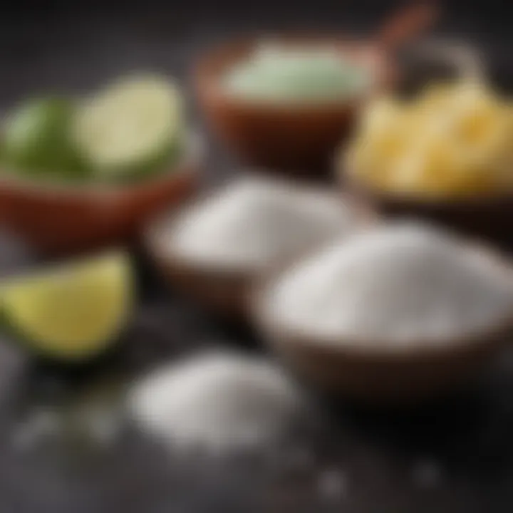 Different types of salt arranged artistically next to margarita ingredients