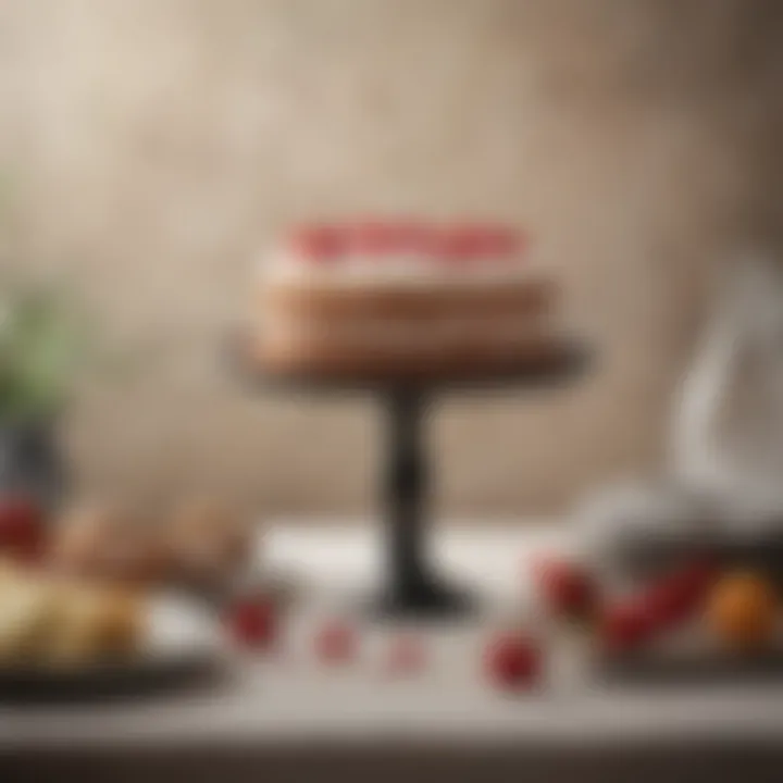 A beautifully set table featuring a cake stand and decorative elements.