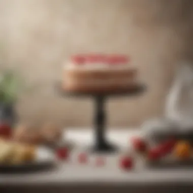Perfectly Styled Baking Backdrop A beautifully set table featuring a cake stand and decorative elements.
