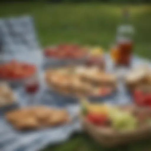 An elegant picnic setup showcasing beautifully arranged food and drink