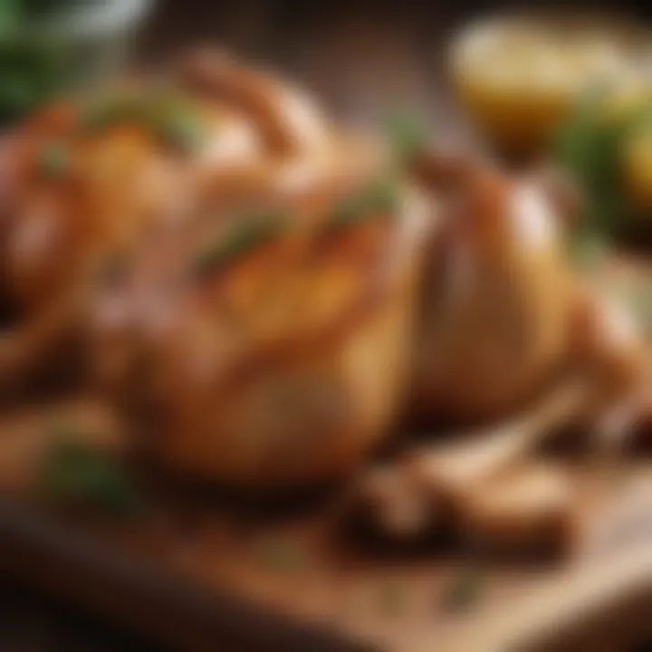 Close-up of marinated chicken on a wooden board