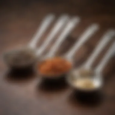 Various materials of measuring spoons showcased, highlighting their unique textures and finishes.