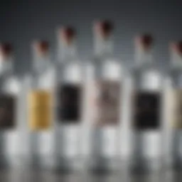 A close-up of various non-grain vodka bottles showcasing unique labels