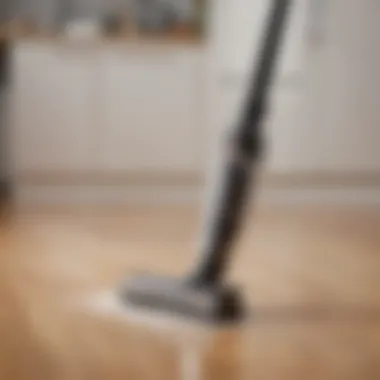 Stick Vacuum in Action A stick vacuum in action, effectively cleaning different surfaces in a home setting.