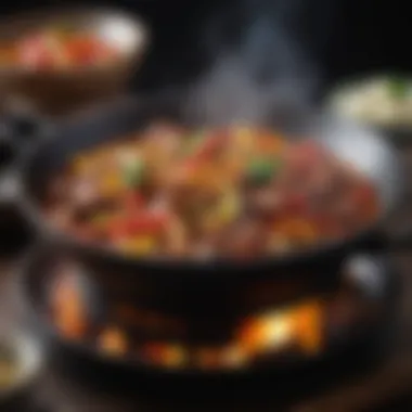 Close-up of food sizzling in a flat bottom cast iron wok