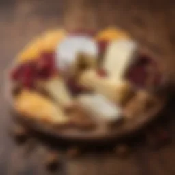 A beautifully arranged cheese platter featuring various cheese types, nuts, and cranberries.