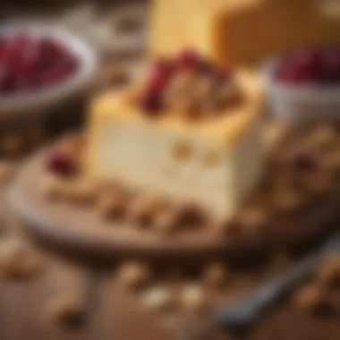 Gourmet Cheese Pairing A close-up of gourmet cheese paired with crunchy nuts and vibrant cranberries.