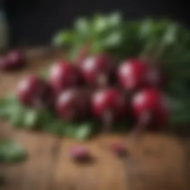 Fresh beets and leaves arranged artfully on a wooden surface